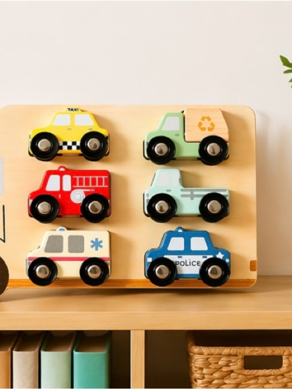 Wooden Vehicle Magnet Set - Yellow, Red, Green, Blue, Cream